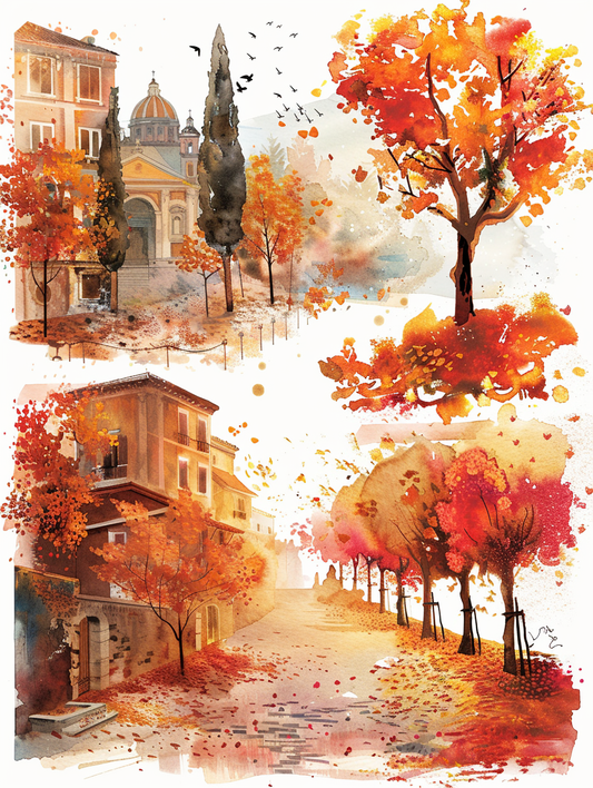 "Watercolor vineyard with red and ochre leaves during harvest in Provence."