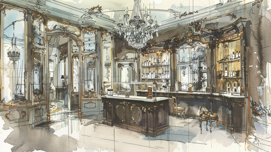 Watercolor illustration inside Serge Lutens boutique: a perfumer’s hand slips a scented ribbon into a visitor’s coat pocket, shadows and mirrors glowing in soft amber light.